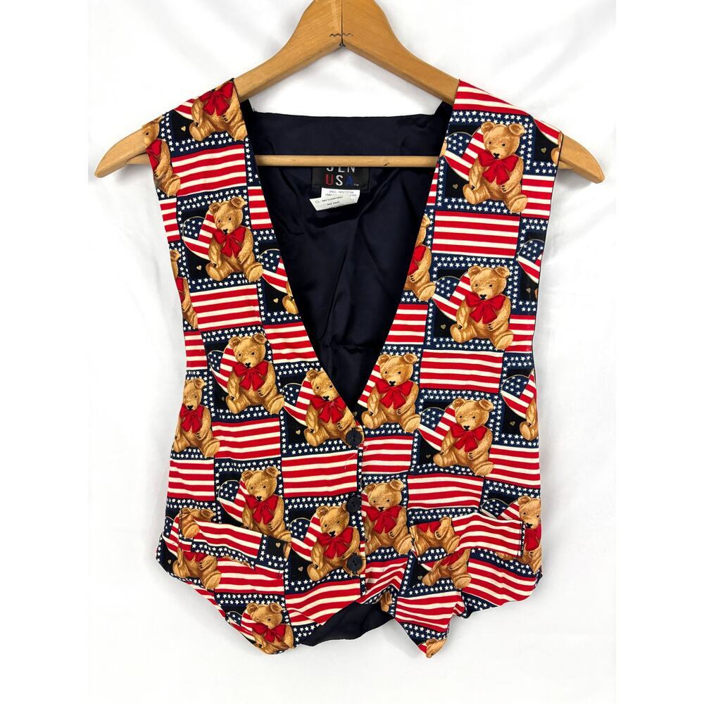 Vintage American Flag Teddy Bear Vest‎ Patriotic Stars & Stripes Medium USA Made